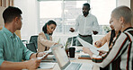 Presentation, business or man in meeting, team or documents for investment deal. People, financial agency or employees in office, conversation or proposal for revenue increase or review budget report