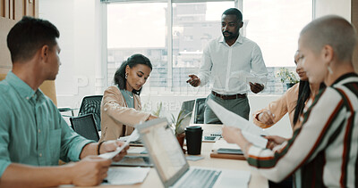 Buy stock photo Presentation, business or man in meeting, team or documents for investment deal. People, financial agency or employees in office, conversation or proposal for revenue increase or review budget report