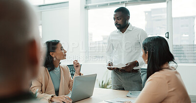 Buy stock photo Presentation, feedback and man in meeting, team and documents for budget report. People, financial agency and employees in office, discussion and proposal for profit growth, cooperation and planning