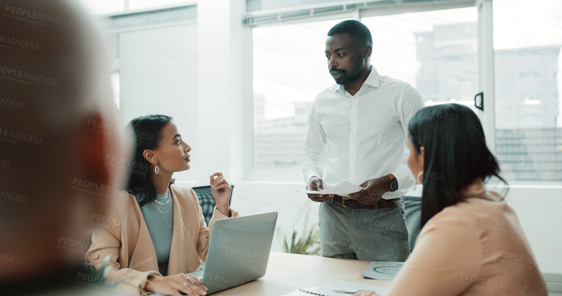Buy stock photo Presentation, feedback and man in meeting, team and documents for budget report. People, financial agency and employees in office, discussion and proposal for profit growth, cooperation and planning
