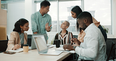 Buy stock photo Planning, teamwork and meeting with business people in office for project campaign, advice and research. Collaboration, marketing agency and partnership with group of employees in startup for report