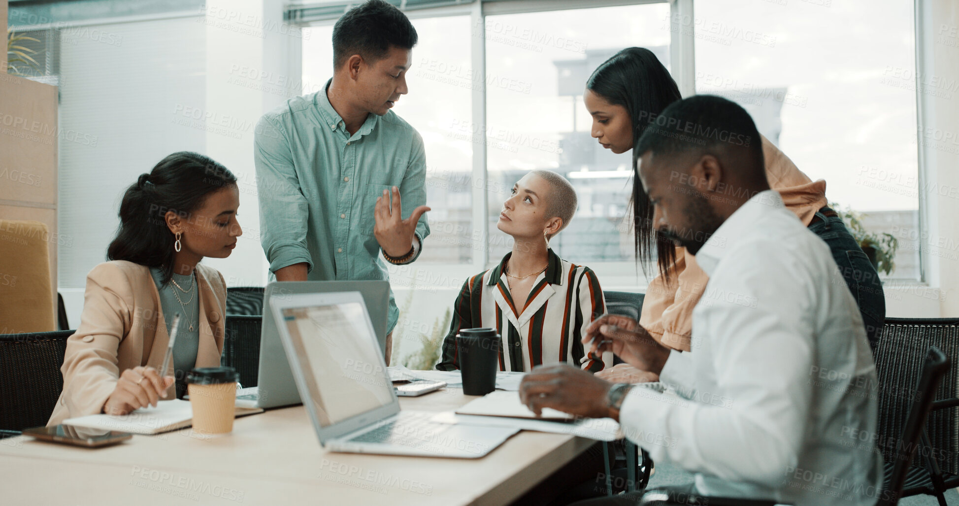 Buy stock photo Planning, teamwork and meeting with business people in office for project campaign, advice and research. Collaboration, marketing agency and partnership with group of employees in startup for report
