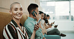 Business people, woman and portrait with phone in waiting room for interview, hiring or online CV. Onboarding, candidates or tech in queue at HR office for recruitment process or mobile resume review