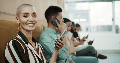 Buy stock photo Business people, woman and portrait with phone in waiting room for interview, hiring or online CV. Onboarding, candidates or tech in queue at HR office for recruitment process or mobile resume review