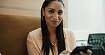 Cellphone, portrait and businesswoman in office with communication, networking or chatting on mobile app. Technology, business and female person with phone for online, texting or contact in workplace