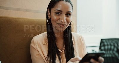 Buy stock photo Cellphone, portrait and businesswoman in office with communication, networking or chatting on mobile app. Technology, business and female person with phone for online, texting or contact in workplace