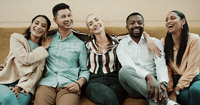 Buy stock photo Creative, team portrait and hug in office for media agency, workplace community and about us pride. Journalist group, people or happy with embrace for solidarity, career support and company diversity
