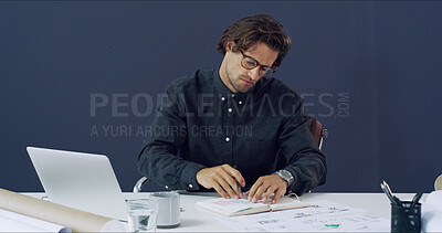 Buy stock photo Notebook, business man and architect in office for schedule, checklist or design. Engineering, architecture and worker reading book for info, construction space or research for project development