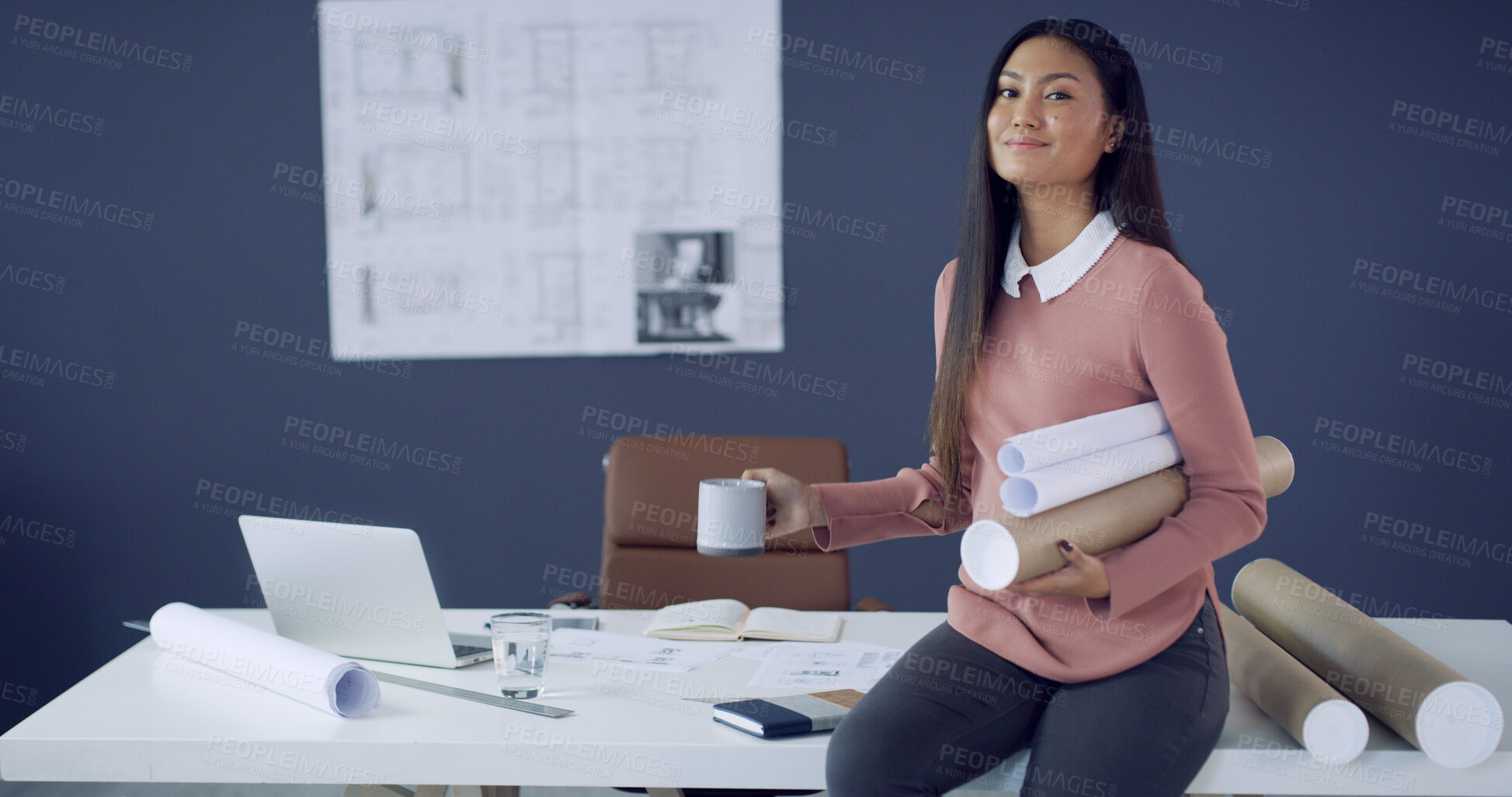 Buy stock photo Blueprints, coffee and portrait of architect woman in office for planning or property development. Construction, documents and drink with Asian engineer in workplace for design or project management