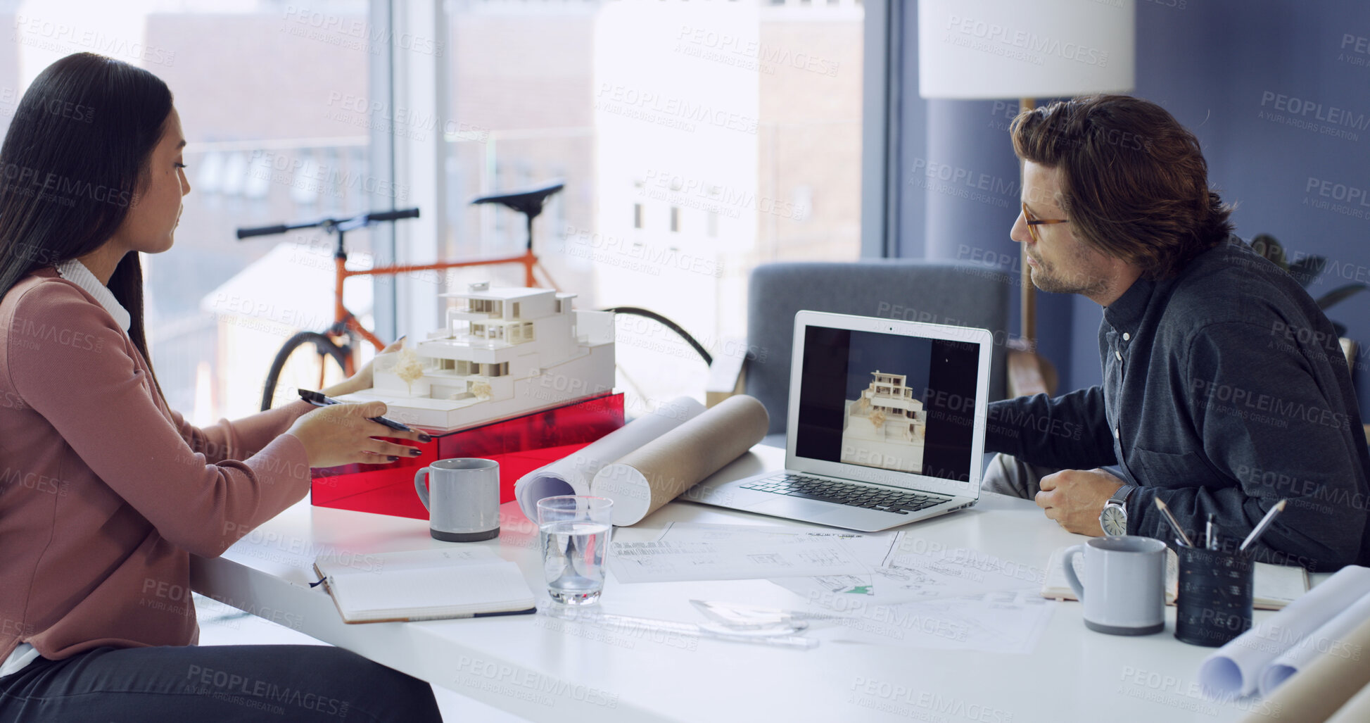 Buy stock photo Meeting, architecture and people with house model for design, building and planning in office. Team, architect and discussion with 3d prototype for engineering, innovation and project development
