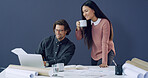 Architect, people and discussion with documents in office for design layout, city planning or ideas. Space, teamwork or blueprint with coffee for architecture, property development or feedback report