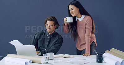Buy stock photo Architect, people and discussion with documents in office for design layout, city planning or ideas. Space, teamwork or blueprint with coffee for architecture, property development or feedback report