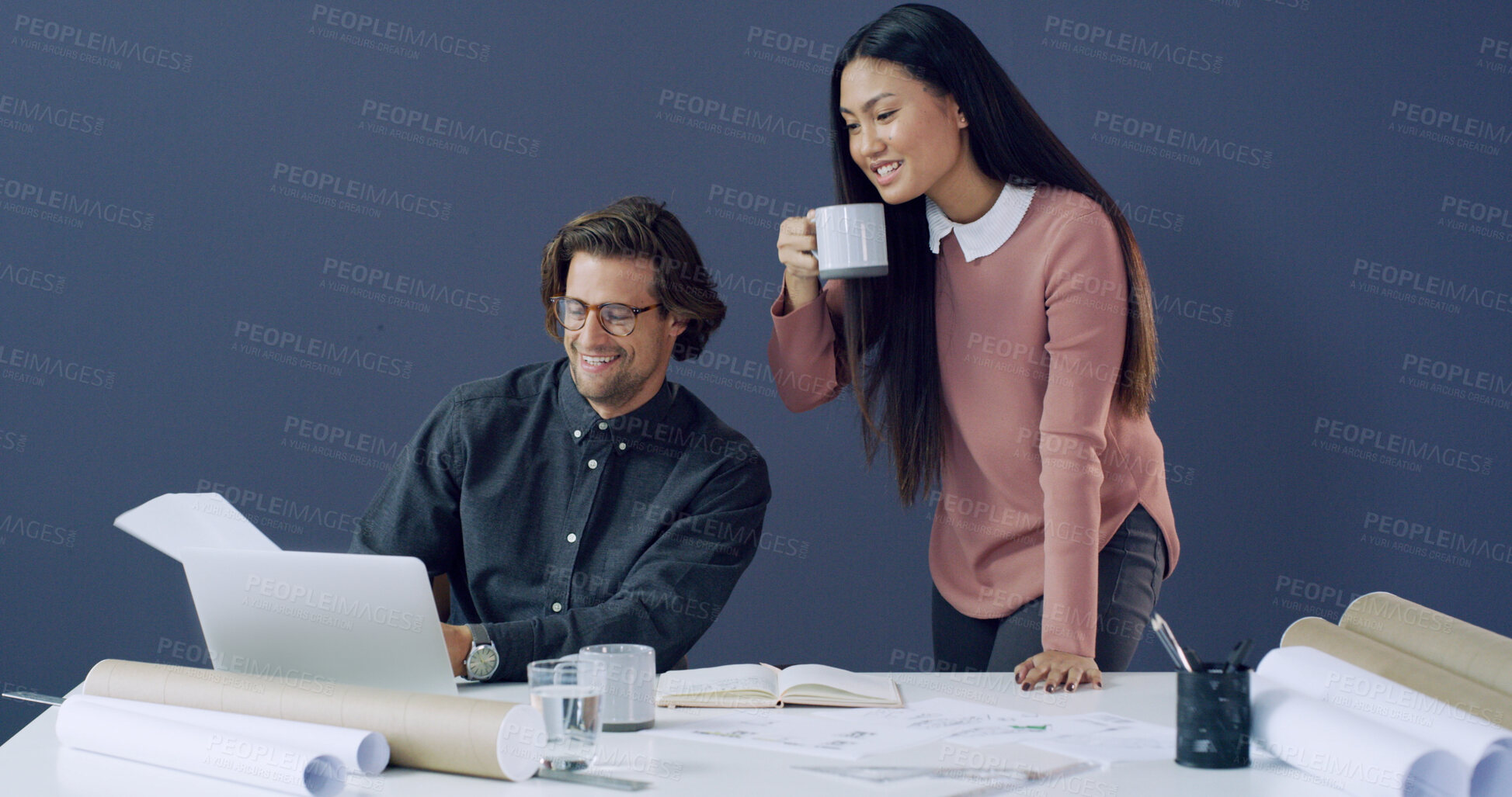 Buy stock photo Architect, people and discussion with documents in office for design layout, city planning or ideas. Space, teamwork or blueprint with coffee for architecture, property development or feedback report