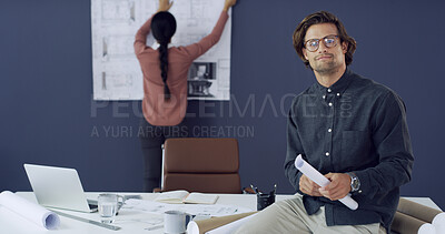 Buy stock photo Blueprints, collaboration and planning with architect man in office for property development. Building, construction and floor plan with portrait of engineer in workplace for project management