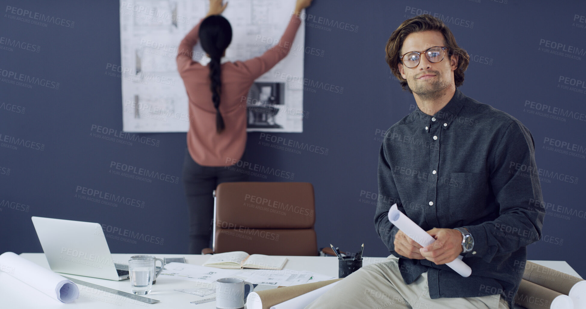 Buy stock photo Blueprints, collaboration and planning with architect man in office for property development. Building, construction and floor plan with portrait of engineer in workplace for project management