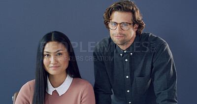 Buy stock photo Teamwork, smile and professional with portrait of business people for partnership, career and pride. Collaboration, about us and opportunity with man and woman on wall background for support together