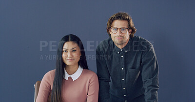 Buy stock photo Partnership, smile and professional with portrait of business people for teamwork, career and pride. Collaboration, about us and opportunity with man and woman on wall background for support together
