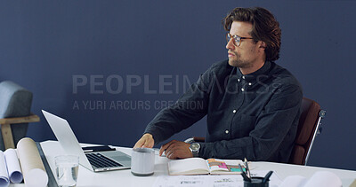 Buy stock photo Coffee, man and architect with laptop in office for schedule, project or review design. Tea, architecture and reading info on computer for construction space, engineering or research for development