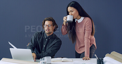 Buy stock photo Coffee, laptop and architects with documents in office for city planning, email or meeting. Computer, cappuccino and construction designers with blueprints for architecture project in collaboration.