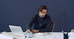 Coffee, man and architect reading notebook in office for draft, info or design. Engineering, architecture and worker with book for blueprint, construction space and project development with drink