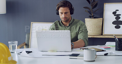 Buy stock photo Laptop, headphones and architect with paperwork, blueprint and research of engineer in office. Typing, email and planning with architecture notes for construction project, thinking or building design