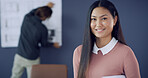 Portrait, woman and architect with smile in office for career pride, about us and real estate. Asian person, confidence and ambition for property development, project manager and building maintenance