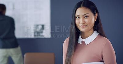 Buy stock photo Business, woman and architect with portrait in office for career pride, about us and real estate. Asian person, confident and ambition of property development, project manager and building renovation
