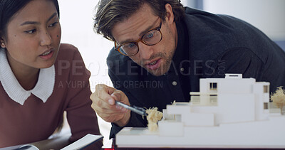 Buy stock photo Architects, people and meeting for 3d design review in office for construction project and model. Engineering, prototype and team in agency for development, real estate plan and miniature property