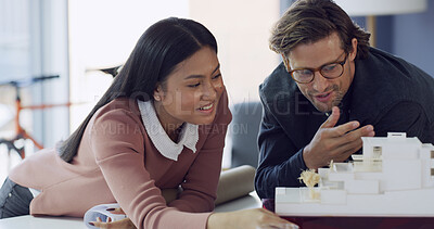 Buy stock photo Architects, people and building model for 3d design in office for construction project and review. Engineering, prototype and team in meeting for development, real estate plan and miniature property