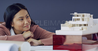 Buy stock photo Thinking, woman and architect with 3D model in office for real estate, illustration and building design. Asian person, prototype and planning for project, property development and expansion structure
