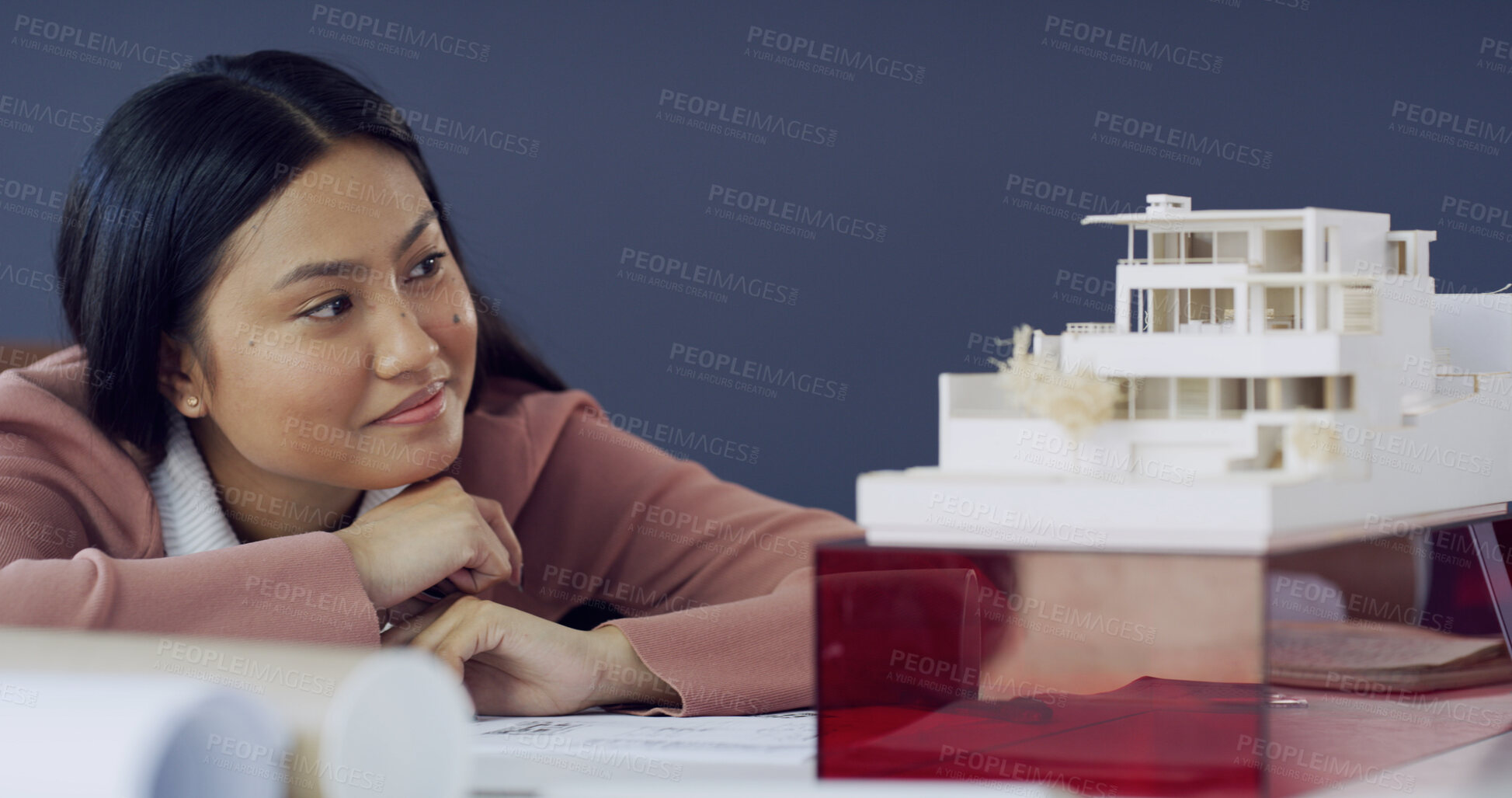 Buy stock photo Thinking, woman and architect with 3D model in office for real estate, illustration and building design. Asian person, prototype and planning for project, property development and expansion structure
