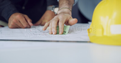 Buy stock photo Sticky note, engineering or hands of team with blueprint for project, building strategy or ideas. Construction, architecture or contractors in meeting for property design, collaboration or floor plan