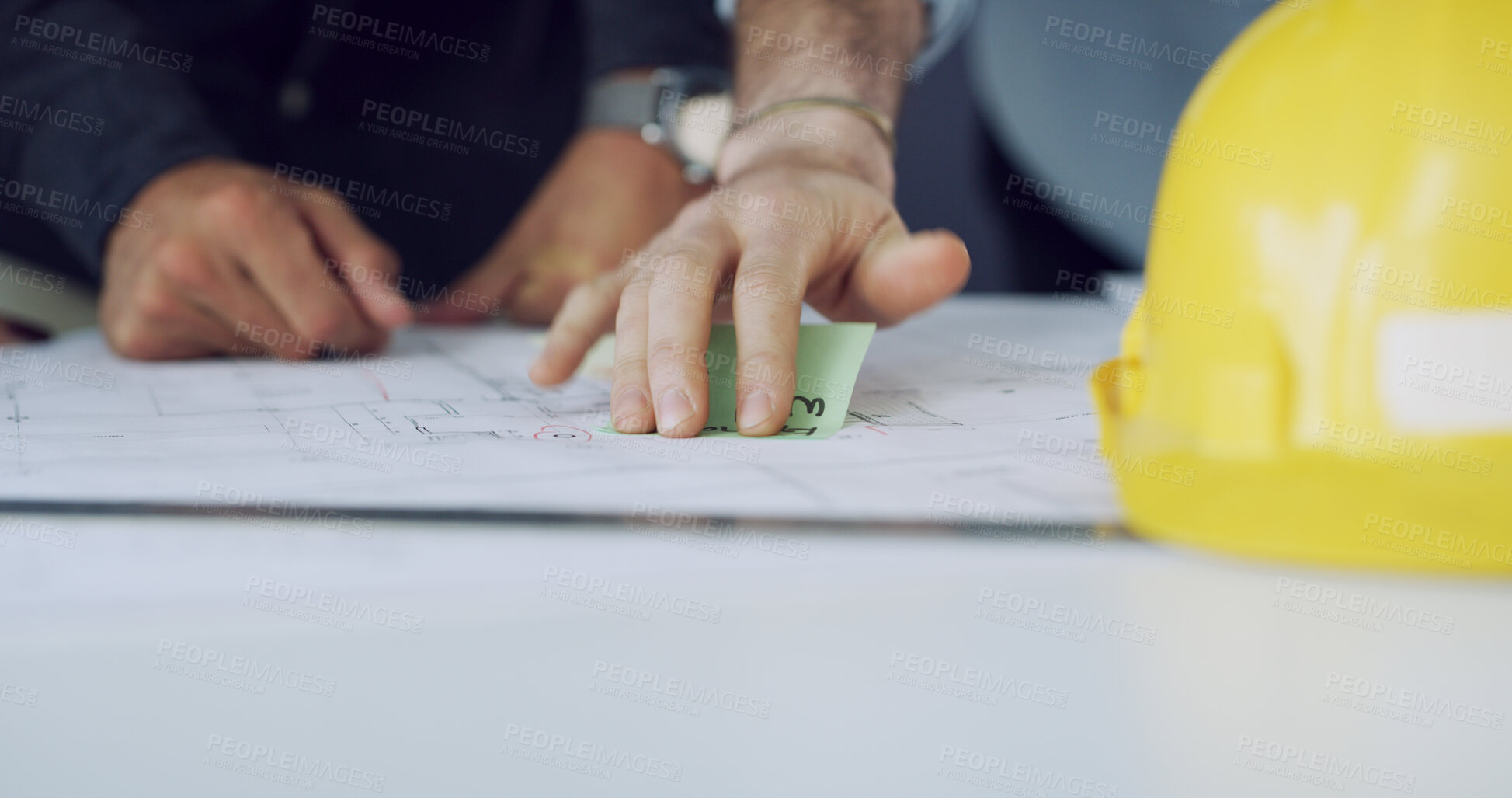 Buy stock photo Sticky note, engineering or hands of team with blueprint for project, building strategy or ideas. Construction, architecture or contractors in meeting for property design, collaboration or floor plan