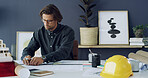 Drawing, industry and architect with blueprints in office for construction planning with project. Professional, industry and male building designer with architecture draft for client in workplace.