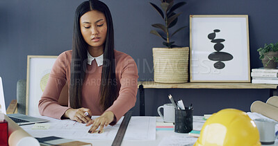 Buy stock photo Office, architect and woman with blueprint, design or planning for architecture project or creative. Property development, civil engineer and Asian person with paperwork, technical drawing and sketch