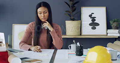 Buy stock photo Thinking, architect and woman with blueprint, office and ideas for architecture project or creative. Reflection, civil engineer and Asian person with vision for property development or floor plan
