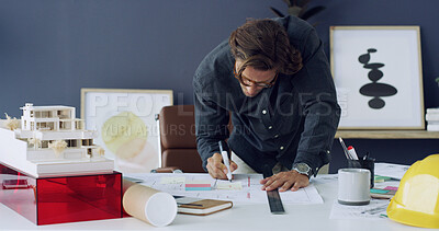 Buy stock photo Man, architect and drawing on blueprint in office for sketch, building ideas and design process. Person, 3D model and floor plan for information, project planning and notes for property development
