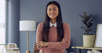 Buy stock photo Portrait, woman and architect with arms crossed in office for career pride, about us and real estate. Asian person, smile and 3d model for property development, project planning and renovation design