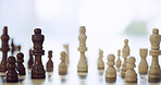 Closeup, piece and playing chess on board for game plan, win strategy and professional competition. Thinking, contest or activity skills for battle, sports tournament and problem solving of challenge