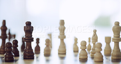 Buy stock photo Closeup, piece and chess games with board for contest plan, win strategy and professional competition. Table, setup and activity skills for battle, sports tournament and versus of challenge match