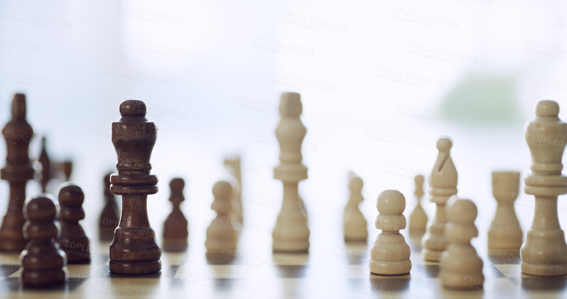 Buy stock photo Closeup, piece and chess games with board for contest plan, win strategy and professional competition. Table, setup and activity skills for battle, sports tournament and versus of challenge match