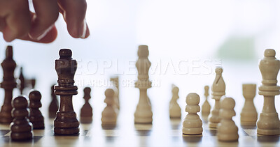 Buy stock photo Closeup, person and hand for playing chess with move decision, piece strategy and game competition. Thinking, contest and king choice for battle, sports tournament and challenge for winning checkmate