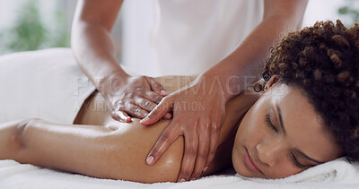 Buy stock photo Hands, woman and shoulder massage with oil at spa for pain relief, muscle recovery and self care. Luxury healing, calm client and beauty therapist at resort for wellness therapy and pamper treatment