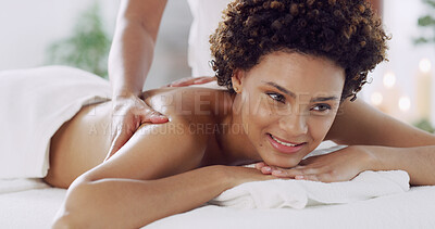 Buy stock photo Hands, back massage and woman at spa for relax, peace and calm for holistic wellness. Masseuse, happy person and cosmetic therapy at salon for luxury treatment, health or body care with stress relief