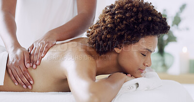 Buy stock photo Hands, back massage and woman at spa for zen, relax and peace for holistic wellness. Masseuse, person and therapy at salon for luxury treatment, health or body care with stress relief in profile