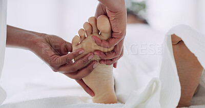 Buy stock photo Masseuse, massage and person feet at spa for beauty, muscle tension and luxury treatment. Hands, people and cosmetic therapy for pedicure, skincare healing and pamper customer with wellness benefits