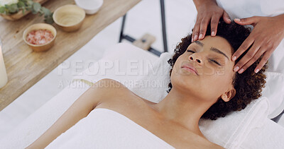 Buy stock photo Hands, woman and head massage at spa for migraine relief, pamper treatment and relaxation. Above, client and beauty therapist at resort with forehead rub for tension release, self care and wellness