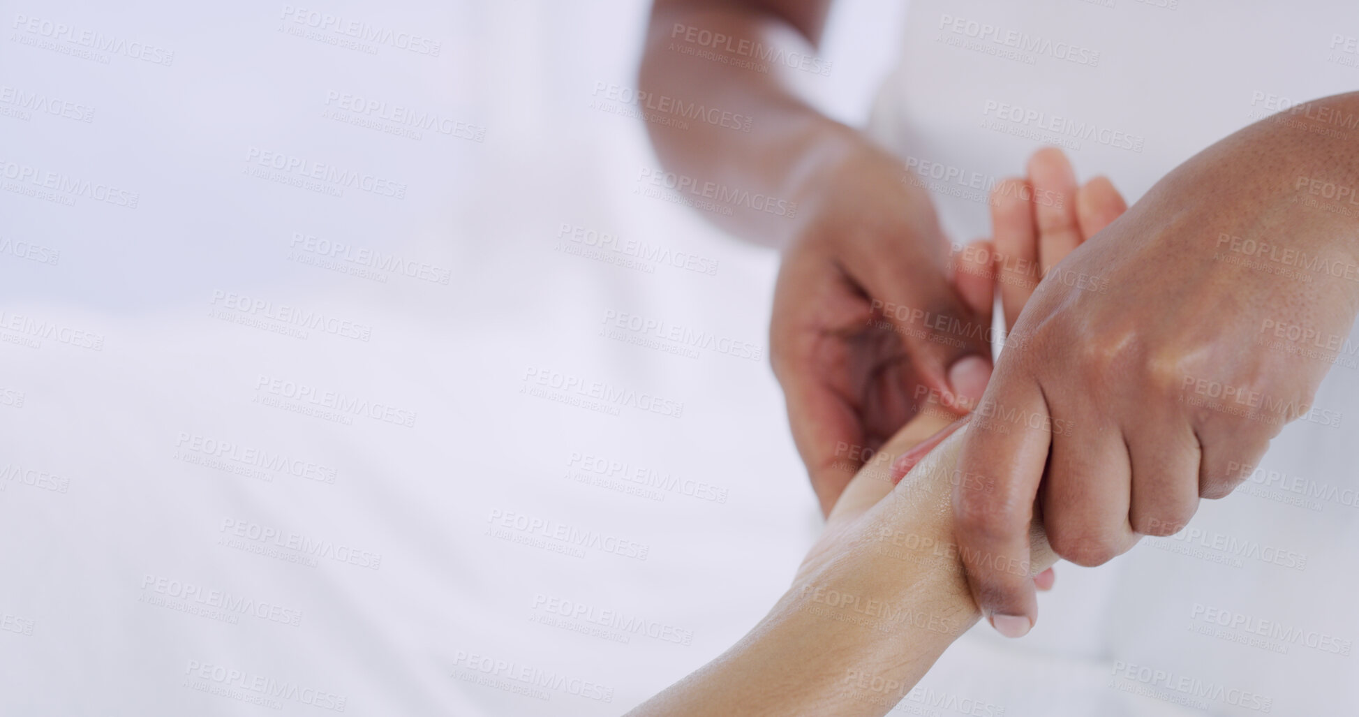 Buy stock photo Acupressure, hand massage and wellness with people in spa for circulation, stress relief or treatment. Healing, reflexology or relax with client and masseuse in session for flexibility or therapy