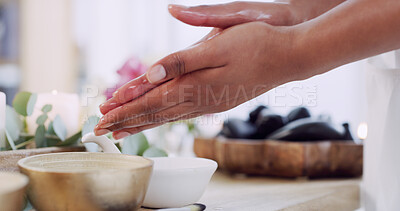 Buy stock photo Hands, oil and wellness with masseuse in spa, getting ready for session or treatment closeup. Healing, massage and physical therapy with person in salon for relax, stress relief or wellbeing