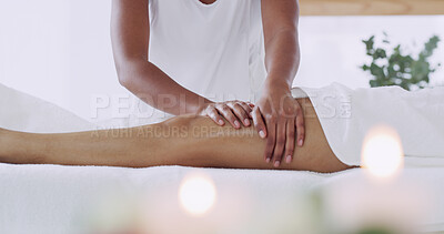 Buy stock photo Hands, person and massage legs at spa for beauty, muscle tension and luxury treatment. People, masseuse and cosmetic therapy for body wellness, skincare healing and pamper customer of health benefits